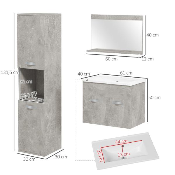 Conjunto de Móveis Casa de Banho 3 Peças com Espelho Móvel com Lavatório Cerâmico e Coluna de Casa de Banho Cinza
