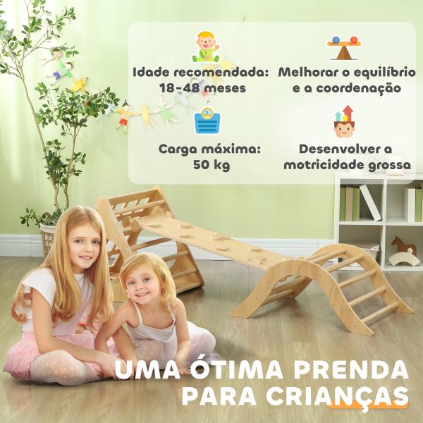 Triângulo de Escalar de Madeira 8 em 1 Jogo de Aprendizagem com Rampa Escada em Forma de Arco 175x59,5x60 cm Madeira