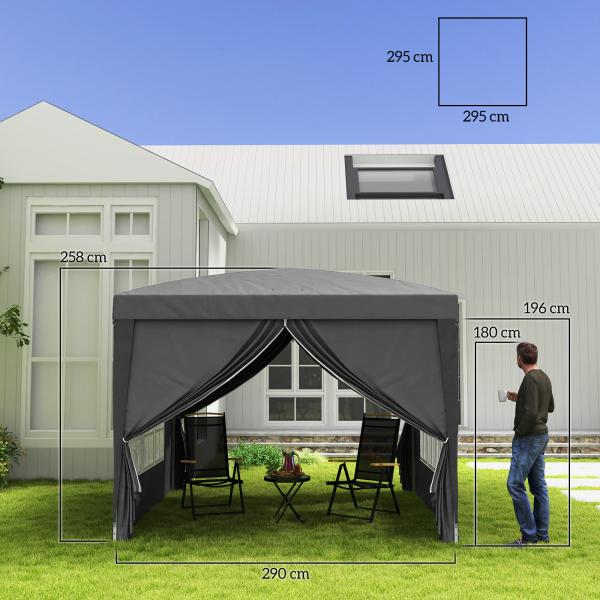 Tenda de Jardim com Paredes Laterais Amovíveis Janelas Porta com Fecho de Correr e Bolsa de Transporte 295x295x196 - 258 cm Cinzento