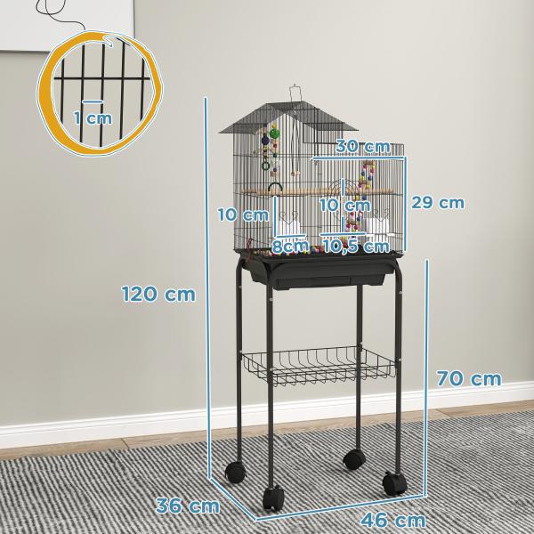 Gaiola para Passáros Gaiola de Metal com Portas 4 Comedouros 3 Poleiros Baloiço Escadas e Bandeja Removível 46x36x120 cm Preto