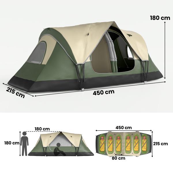 Tenda de Campismo Familiar para 5 - 6 Pessoas Dobrável com 2 Quartos e Bolsa de Transporte 450x215x180 cm Verde e Marrom