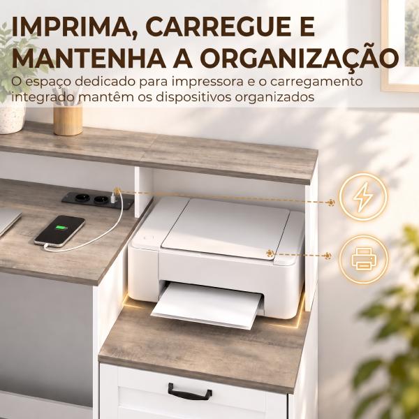 Secretária com Estação de Carregamento Gavetas e Prateleiras com Tomadas Castanho Acinzentado e Branco