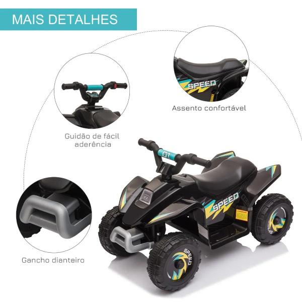 Quadriciclo Elétrico para Crianças de 18 - 36 Meses Quadriciclo a Bateria 6V com Avance e Retrocesso 72x40x45,5cm Preto