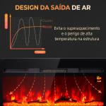Lareira Elétrica de Parede, Aquecedor 1800W, Chama LED 3D, Cristais, 3 Cores, 5 Níveis de Brilho, Comando, Temporizador, Ecrã Tátil, Preto