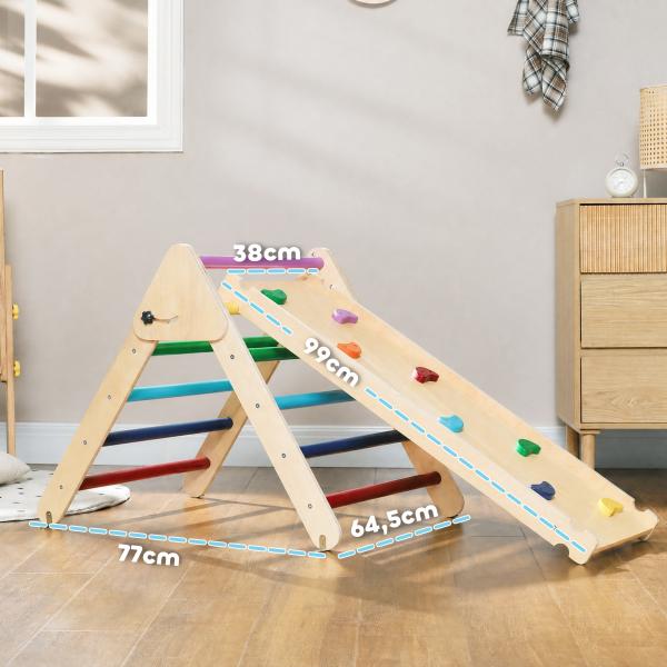 Triângulo de Escalada de Madeira 2 em 1 Escalada para Crianças de 18 - 48 Meses com Rampa para Deslizar ou Escalar 147x64,5x63 cm Multicor