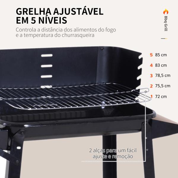 Barbecue a Carvão com Grelha Ajustável em Altura Prateleiras e Rodas para Jardim Exterior Campismo 83x45x87 cm Preto