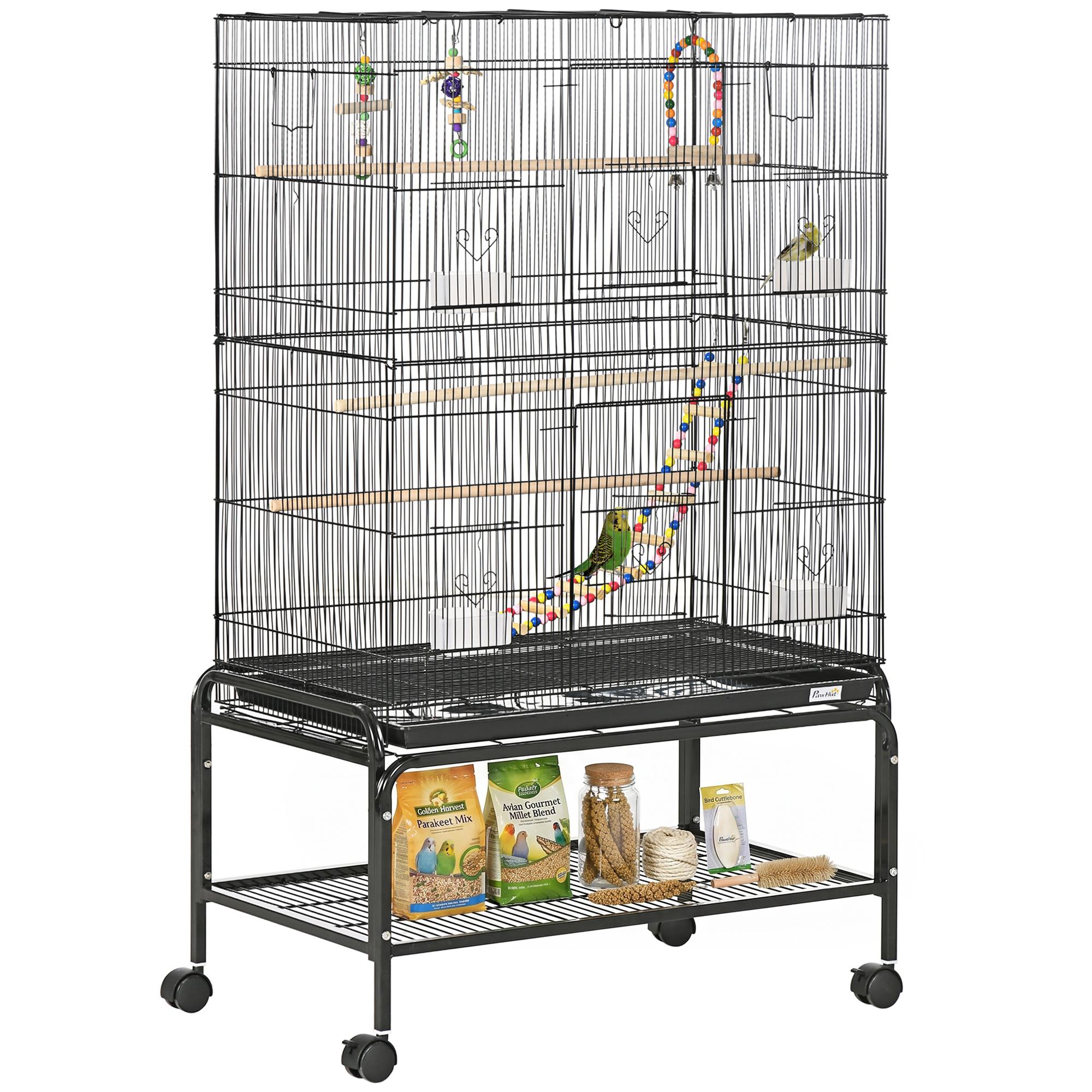 Gaiola para Pássaros com Rodas com 4 Comedouros 3 Poleiros Brinquedos Bandeja Amovível e Prateleira 79x49x133 cm Preto