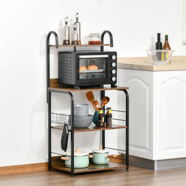 Estante de Cozinha Estante para Microondas com 4 Níveis Ganchos e Pés Ajustáveis Estante de Armazenamento 60x40x125 cm Marrom Rústico