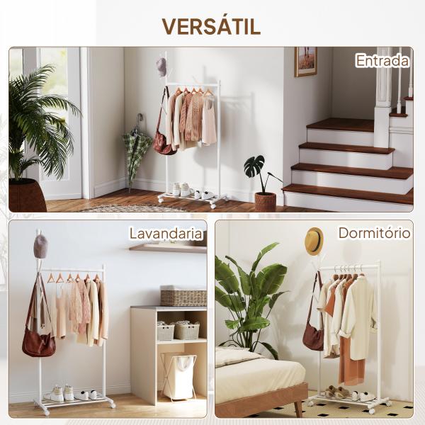 Charriot com Rodas 5 Ganchos Barra para Pendurar e Prateleira Inferior 68x43x171 cm Branco
