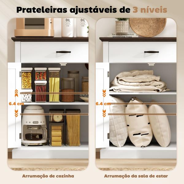 Aparador para Sala de Estar Estilo Rústico com 1 Gaveta Prateleira Ajustável 75,2x40x91,5 cm Branco e Madeira
