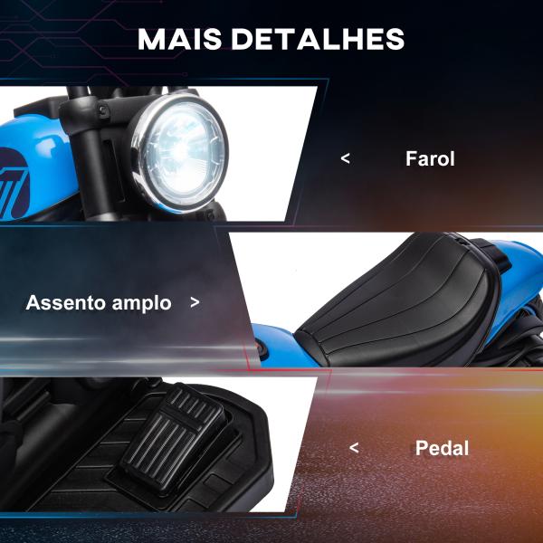 Motocicleta Elétrica para Crianças de 18 - 36 Meses com Bateria 6V Farol e Rodas Auxiliares Removíveis 76x42x57 cm Azul