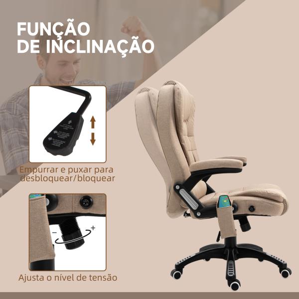Cadeira de Escritório com Massagem 6 Pontos Reclinável até 130° com Função de Aquecimento 67x74x107 - 116 cm Castanho Claro