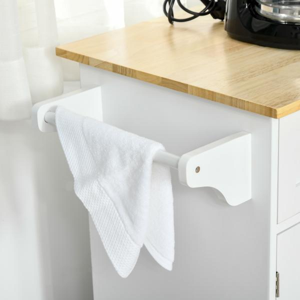 Carrinho de Cozinha com Rodas 2 Gavetas 3 Portas Prateleiras Ajustáveis e Barra para Sala de Jantar 121x46x91 cm Branco