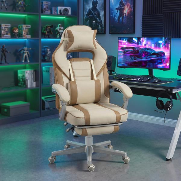 Cadeira Gamer Reclinável com Altura Ajustável Apoio para Pés Retrátil Suporte Lombar e Almofada de Cabeça Removível Creme