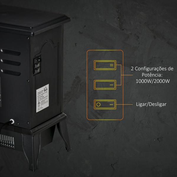 Lareira Elétrica Portátil 1000/2000W com Simulação de Chama Termostato Ajustável e Proteção de Superaquecimento para Salas de até 25m² 36,5x24x41,5cm Preto