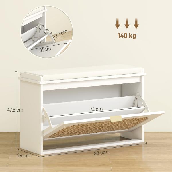 Banco para Sapatos Boho com Assento Acolchoado Porta de Rattan Gaveta Basculante Prateleira Ajustável 8 Pares 80x26x47,5 cm Branco