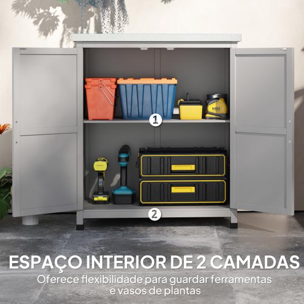 Armário de Exterior em Madeira com Tampo de Aço Galvanizado Prateleira 2 Portas para Armazenamento de Ferramentas 79x43x92 cm Cinza