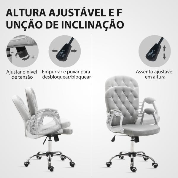 Cadeira de Escritório Estofada em Veludo Cadeira Giratória com Altura Ajustável e Decorações de Cristal 59,5x60,5x95 - 105 cm Cinzenta