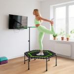 Trampolim Fitness 114x114x132 cm com Guiador Ajustável em 3 Níveis Estrutura de Aço para Treino de Perna Corpo Verde
