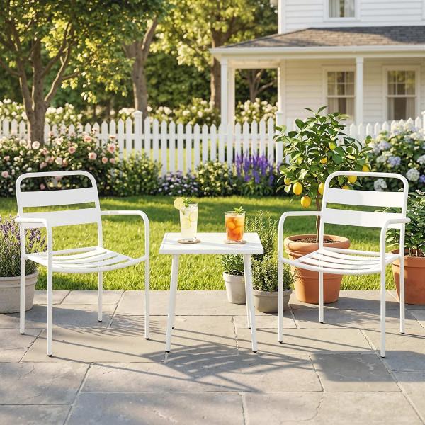 Conjunto de Jardim com 3 Peças em Aço Galvanizado com 2 Cadeiras e Mesa de Vidro Temperado Branco