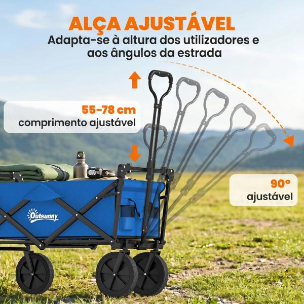 Carrinho de Transporte Dobrável com Toldo Removível e Alça Ajustável Capacidade 100 kg para Campismo 97x52x105 cm Azul