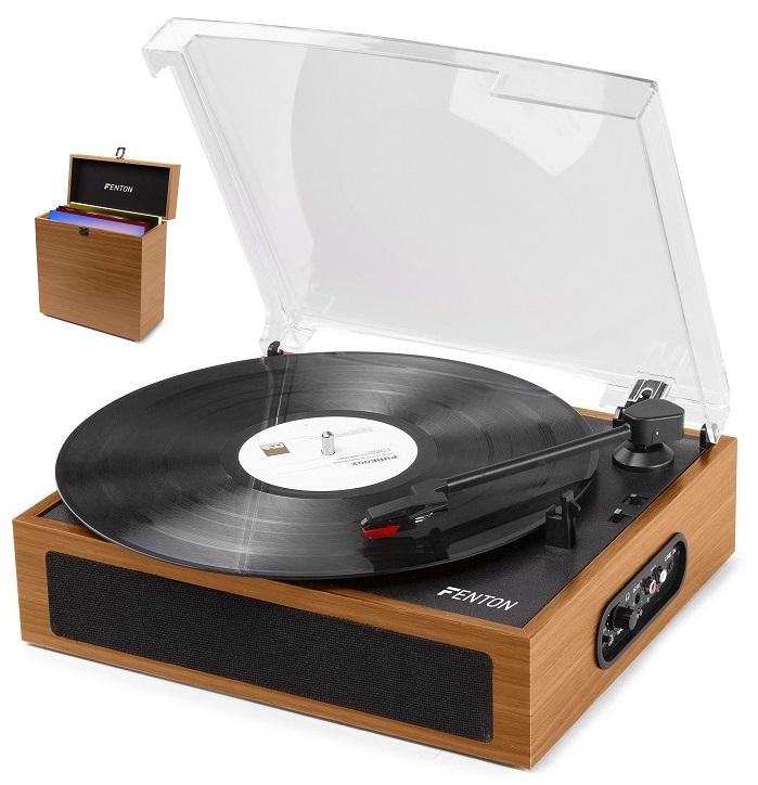 Gira Discos Bluetooth 33/45/78 RPM + Caixa de Armazenamento de Discos Vinil (Madeira Clara) - FENTON