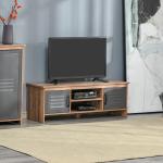 Armário de TV para televisores de 42"com 2 compartimentos fechados com portas de metal e 2 estantes 109x35x38 cm Madeira natural e cinza