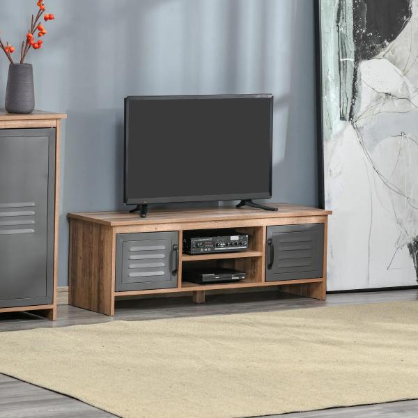 Armário de TV para televisores de 42"com 2 compartimentos fechados com portas de metal e 2 estantes 109x35x38 cm Madeira natural e cinza