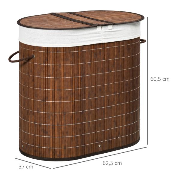 Cesto de Roupa de Bambu Capacidade de 100L Cesto para Roupa Suja com Bolsa de 2 Compartimentos 62,5x37x60,5cm Marrom