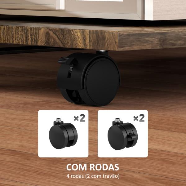 Mesa Auxiliar em Forma de C com Rodas para Sofá com Prateleiras Estrutura de Aço 52x34x60 cm Madeira e Preto