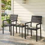 Conjunto de Jardim de 3 Peças com 2 Cadeiras e Mesa de HDPE Design com Ripas Efeito Madeira para Varanda Preto