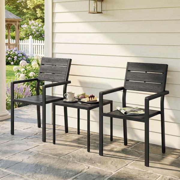 Conjunto de Jardim de 3 Peças com 2 Cadeiras e Mesa de HDPE Design com Ripas Efeito Madeira para Varanda Preto