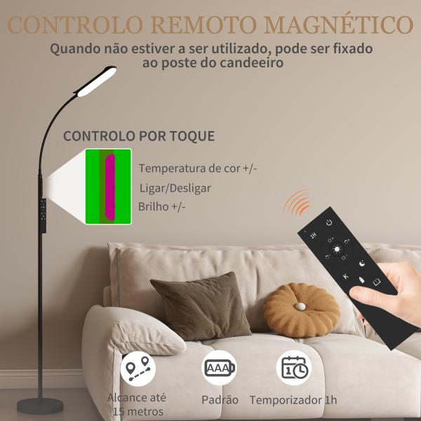 Candeeiro de Pé LED com Controlo Remoto e Tátil 5 Modos de Iluminação Temporizador de 60 Minutos Memória Ø22x175 cm Preto
