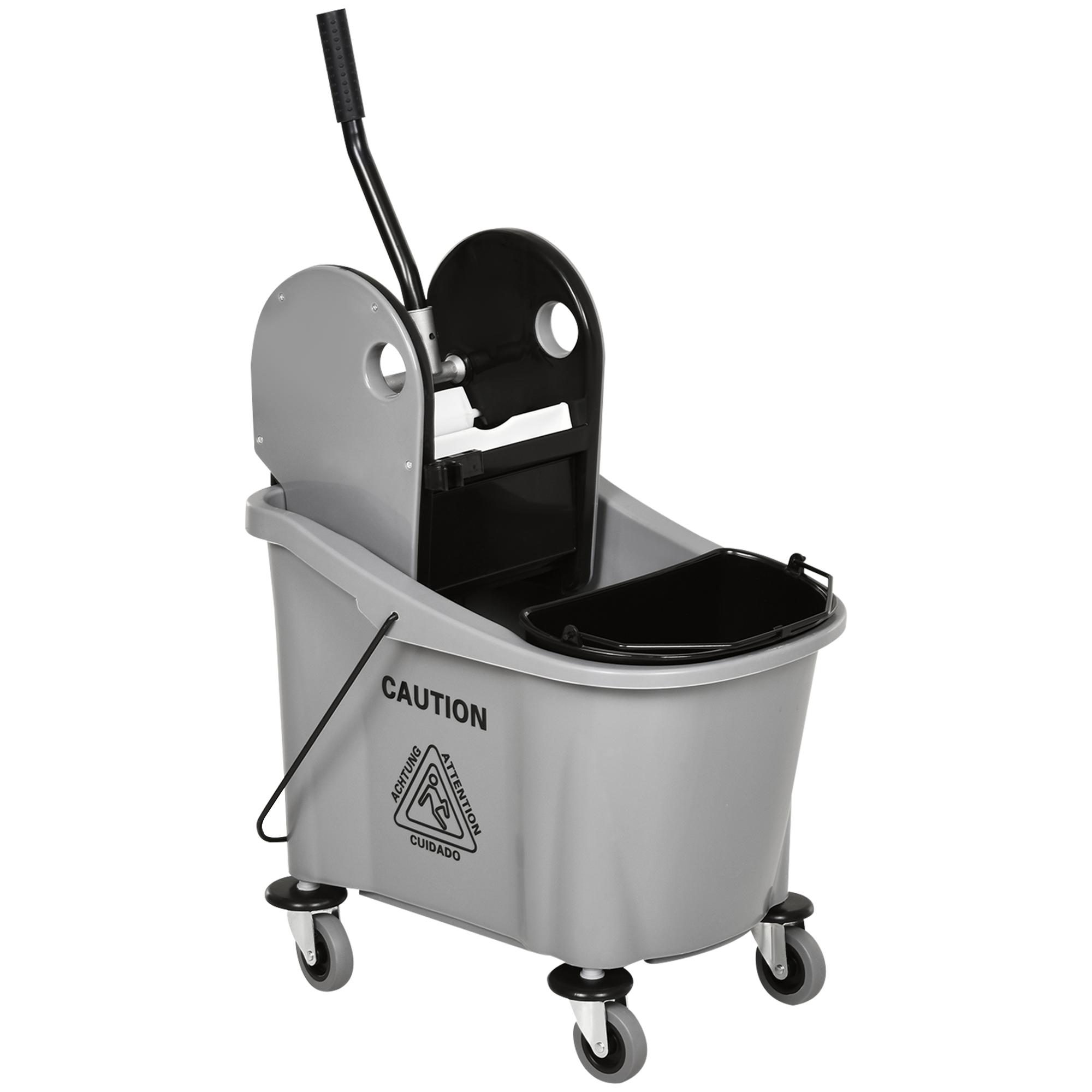 Balde de Esfregona Comercial com Espremedor de Pressão para Baixo Capacidade 36L com 4 Rodas 2 Cubetas 54x41x91,5 cm Cinza