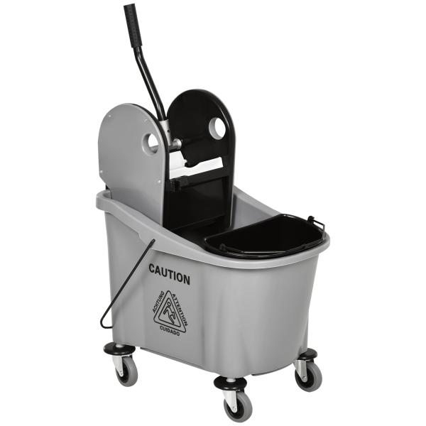 Balde de Esfregona Comercial com Espremedor de Pressão para Baixo Capacidade 36L com 4 Rodas 2 Cubetas 54x41x91,5 cm Cinza
