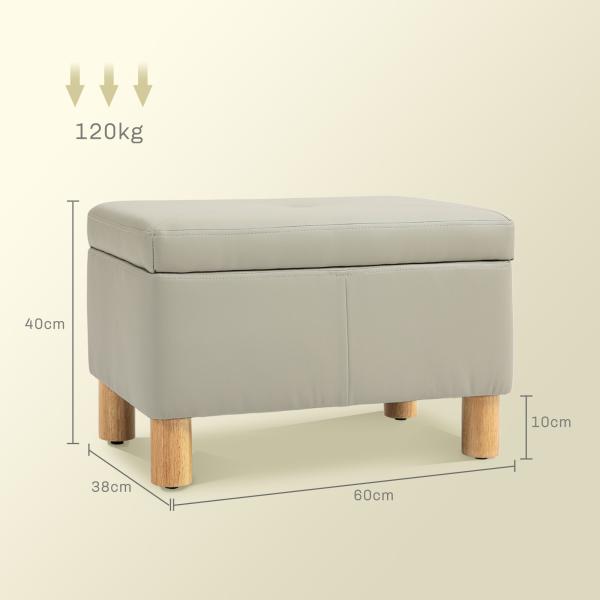 Baú de Armazenamento para Dormitório 33L Puff de Armazenamento Estofado em PU Banco de Arrumação 60x38x40 cm Cinza Claro