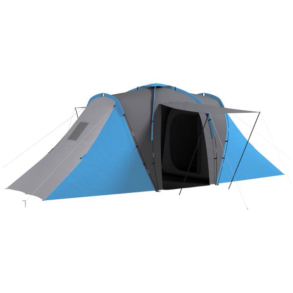 Tenda de Campismo Familiar para 4 - 6 Pessoas com 2 Dormitórios Impermeável 3000 mm com Bolsa 555x225x190 cm Cinza e Azul