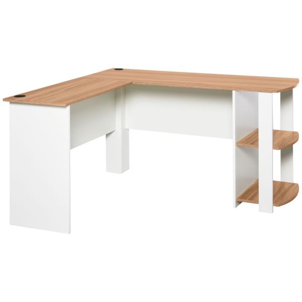 Secretária de Canto 136x130x72 cm com Prateleiras Mesa de Computador em Forma de L para Escritório Casa Branco e Madeira