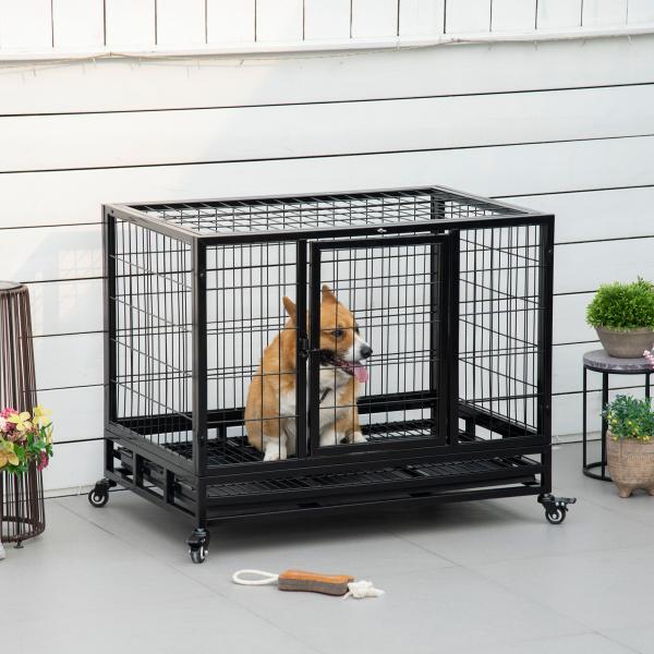 Gaiola de Metal para Cães com Rodas e Freios Bandeja Removível e Porta com Trava para Golden Retriver Labrador 92x62x75cm Preto