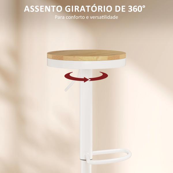 Conjunto de 2 Bancos de Bar Giratórios Bancos Altos de Cozinha com Descanso para Pés 38,5x38,5x60 - 80 cm Madeira e Branco
