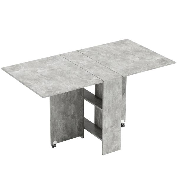 Mesa de Sala de Jantar Dobrável com 2 Prateleiras de Armazenamento e Rodas para Cozinha 75x140x74 cm Cinza