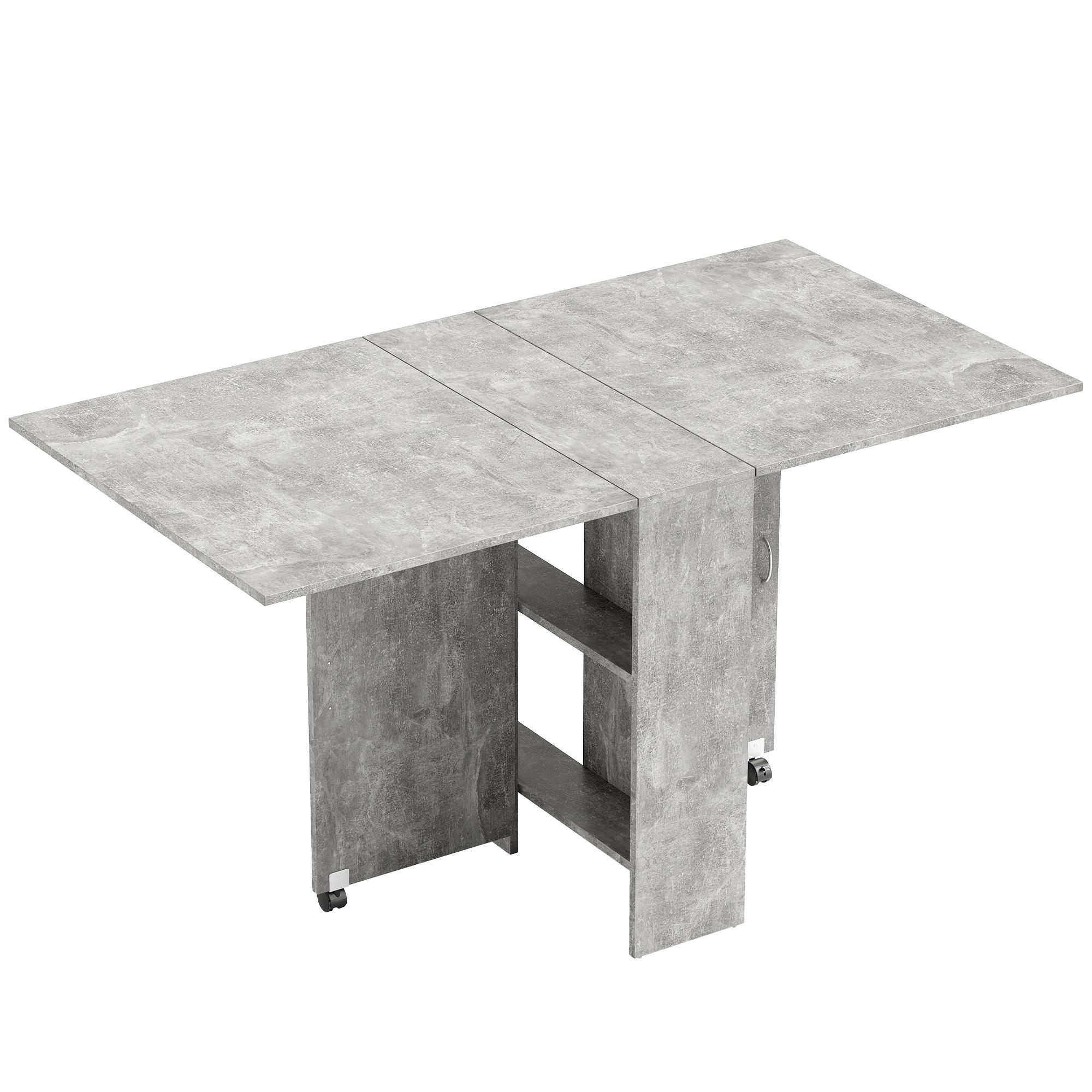 Mesa de Sala de Jantar Dobrável com 2 Prateleiras de Armazenamento e Rodas para Cozinha 75x140x74 cm Cinza