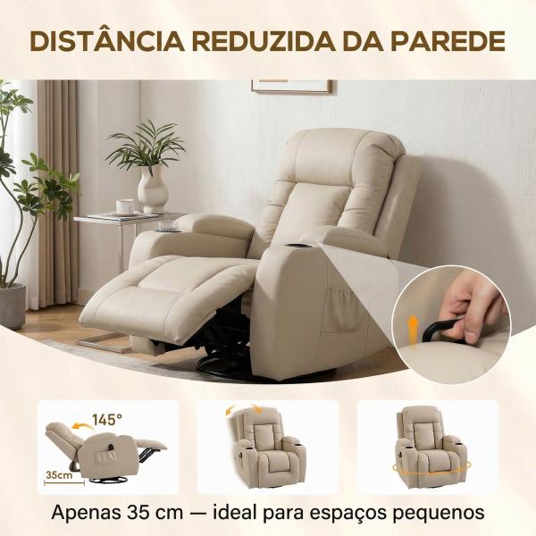 Poltrona de Massagem Reclinável até 145° com 8 Pontos de Massagem por Vibração Função de Aquecimento 82x99x103 cm Creme