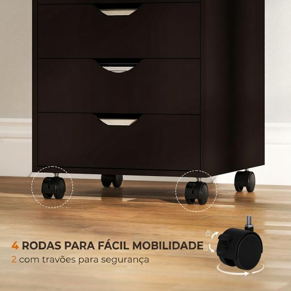 Gaveteiro de Escritório com Rodas e 5 Gavetas Arquivo Móvel para Sala de Estudo 40x40x67 cm Castanho