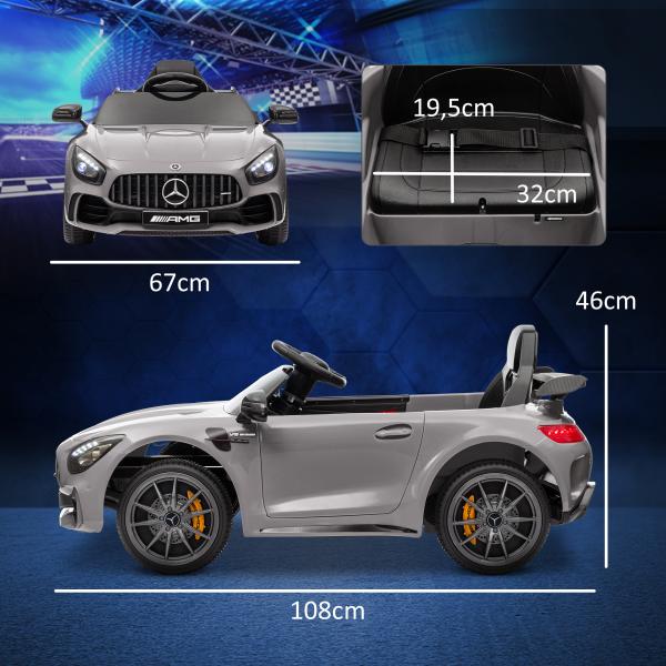 Carro Elétrico para Crianças Carro Mercedes - Benz AMG GTR com Bateria 12V Faróis Buzina e Música 108x67x46 cm Prata