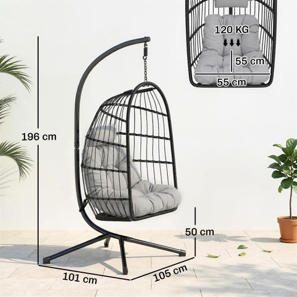 Cadeira Suspensa com Suporte Cesto Dobrável de Vime Almofada Grossa e Altura Ajustável 101x105x196 cm Cinza Claro