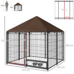 Parque para Cães com Toldo com Suporte Giratório para Comida 2 Tigelas Incluídas 141x141x151 cm Preto Marrom