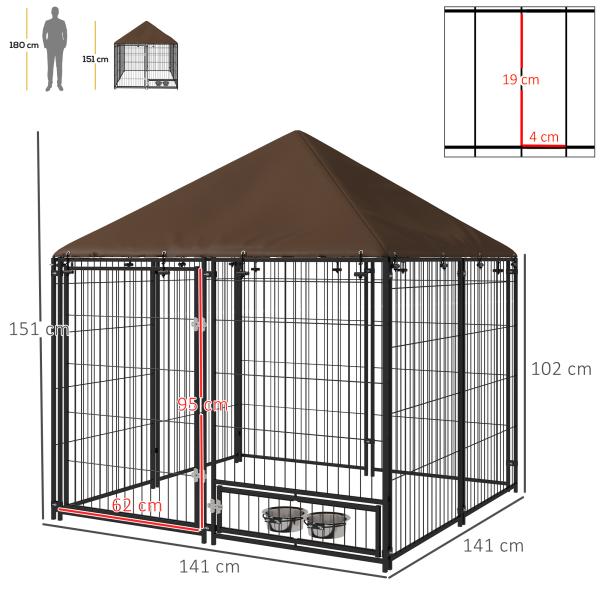 Parque para Cães com Toldo com Suporte Giratório para Comida 2 Tigelas Incluídas 141x141x151 cm Preto Marrom