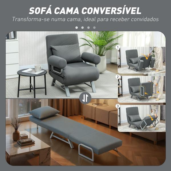 Sofá Cama Dobrável Estofado em Linho Sintético com Encosto Ajustável em 5 Níveis e Almofada Acolchoada 73x78x81 cm Cinzento Escuro