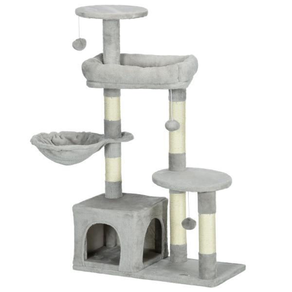 Arranhador para Gatos com Postes Arranhadores de Sisal Cova Plataformas e Bolas Suspensas 65x30x104 cm Cinzento Claro